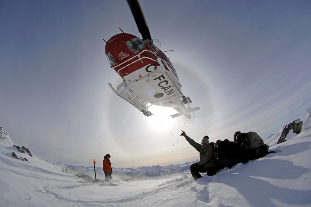 helicopter skiing, heliskiing Canada chopper liftoff
