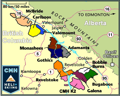 cmh heli skiing lodge map, Canadian mountain holidays, heliskiing area map