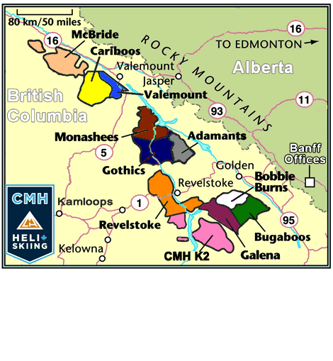 cmh heli skiing heli-skier lodge map, canadian mountain holidays ski area map